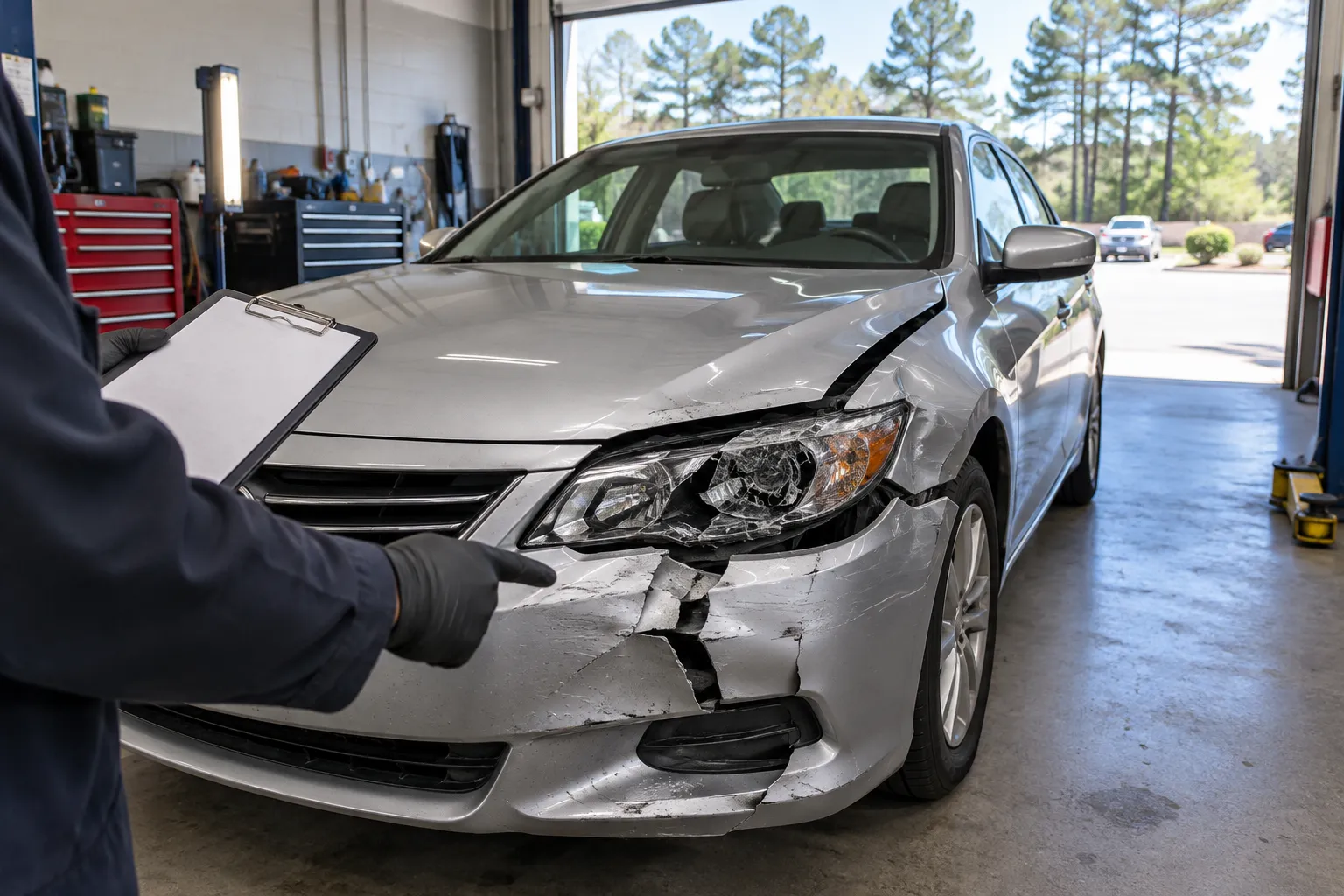 A technician's gloved hand points at a crushed front bumper and broken headlight on a silver sedan inside a repair shop with the bay door open to pine trees